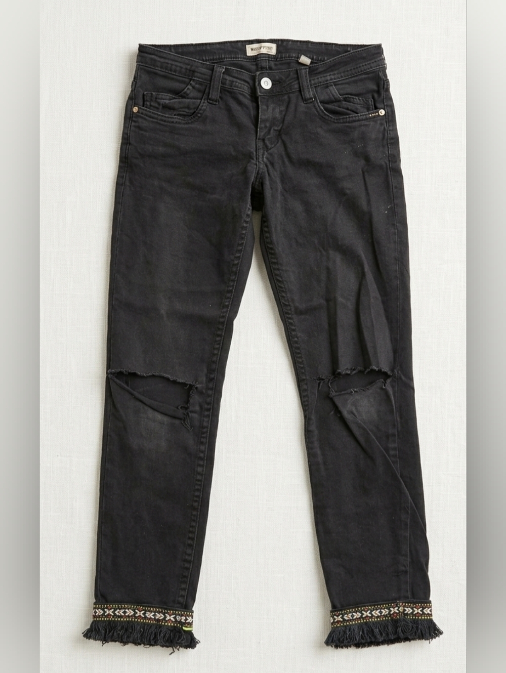 Distressed Black Jeans with Embroidered Fringe Hem